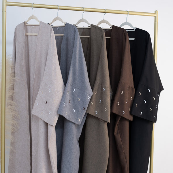 Stormgrijs Kimono Abaya Jurk met Maanborduur