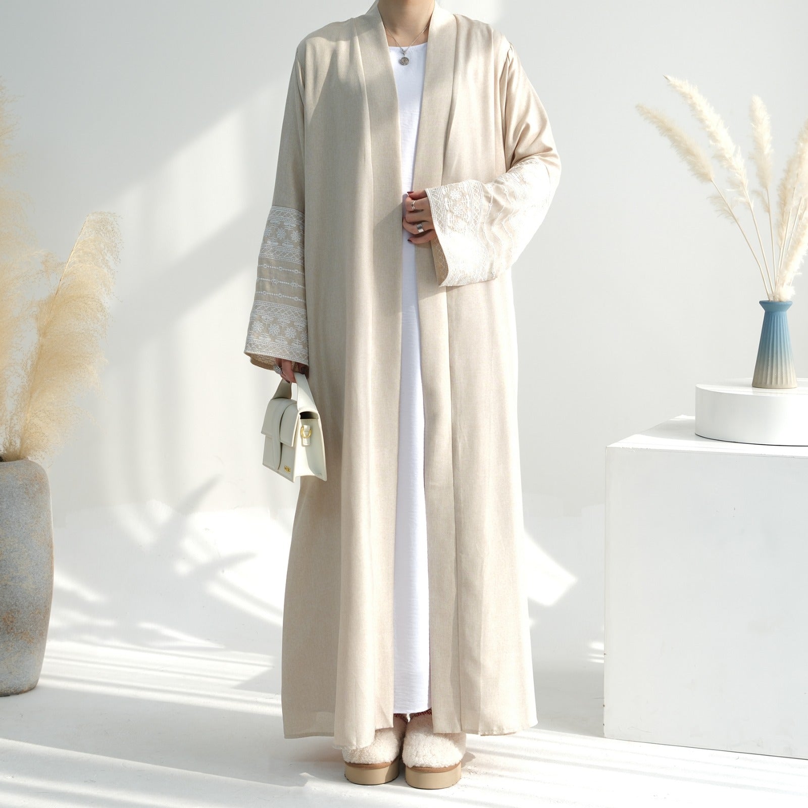 Antiekwit Geborduurde Kimono Abaya Jurk