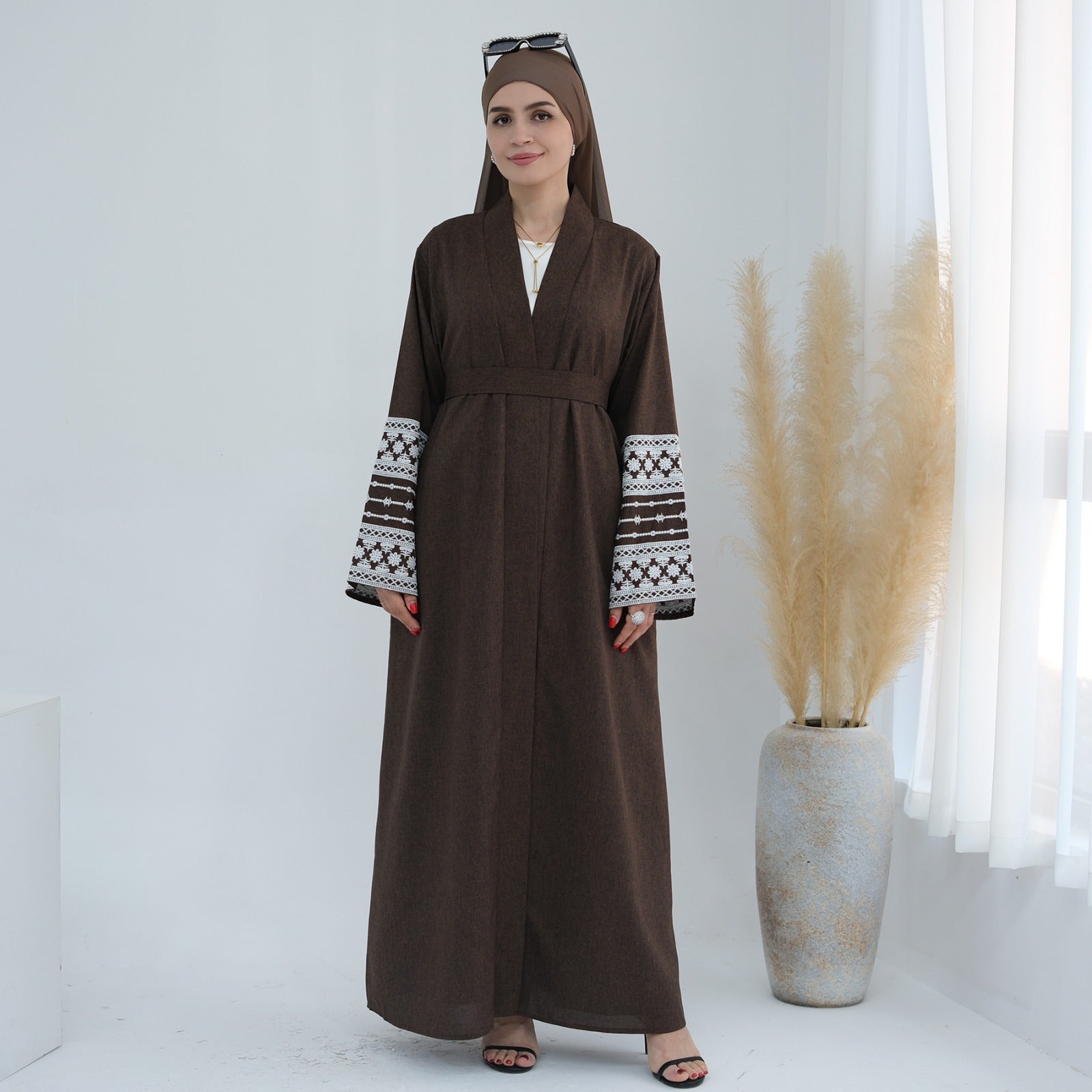 Espressobruin Geborduurde Kimono Abaya Jurk