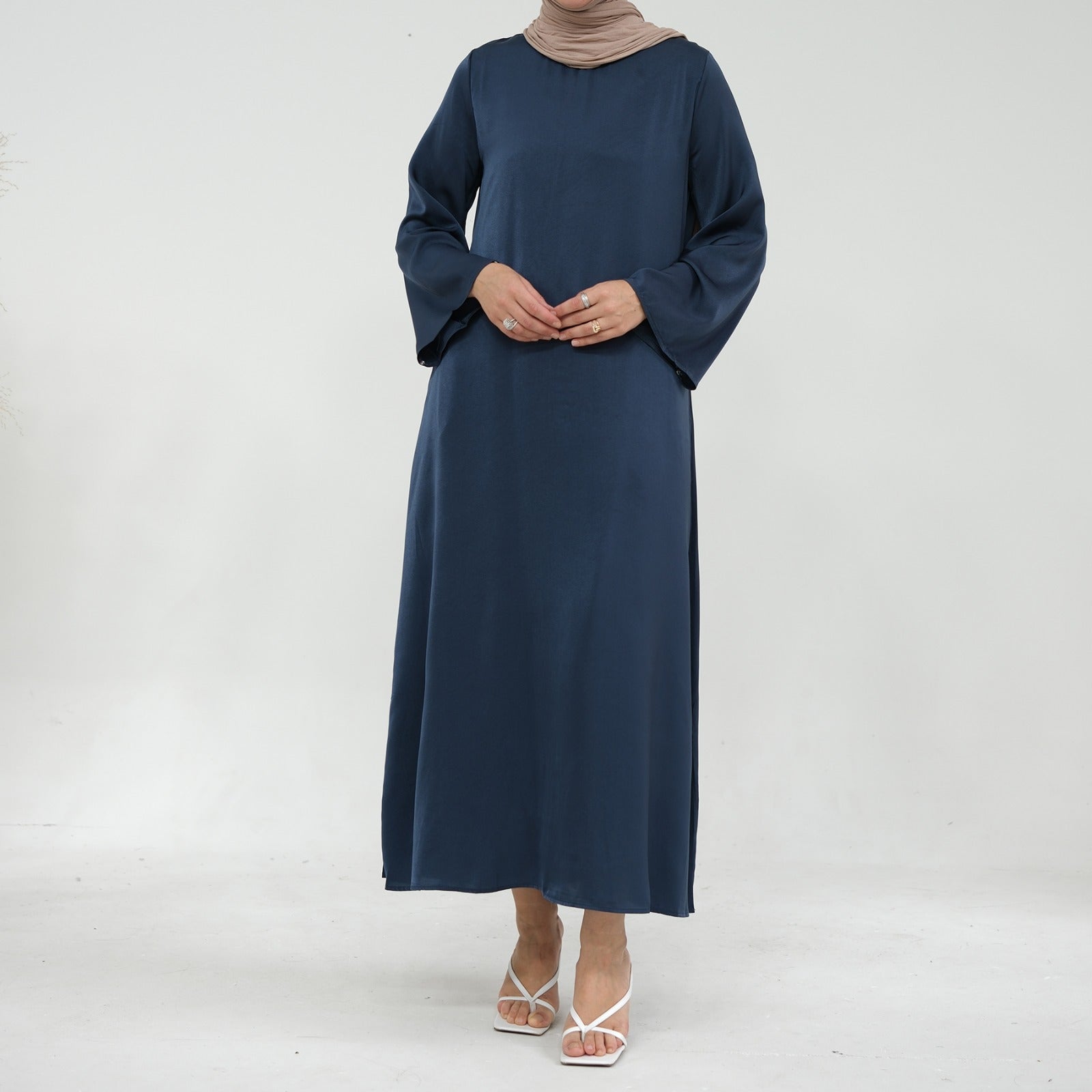 Mistblauw Zijdezachte Satijn Abaya Jurk