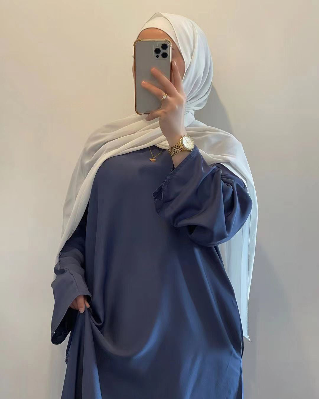 Mistblauw Zijdezachte Satijn Abaya Jurk