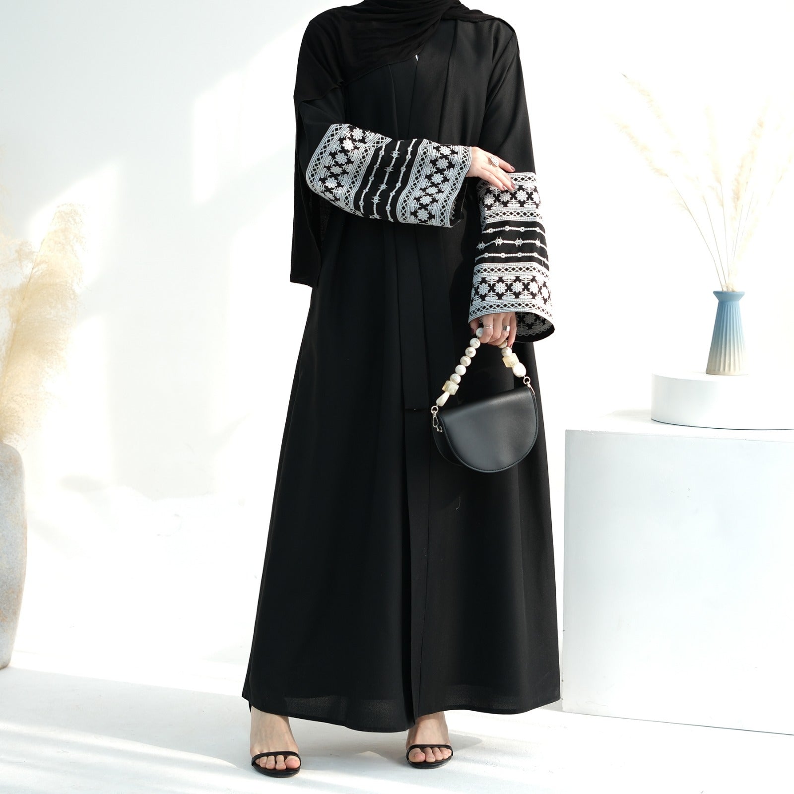 Nachtzwart Geborduurde Kimono Abaya Jurk