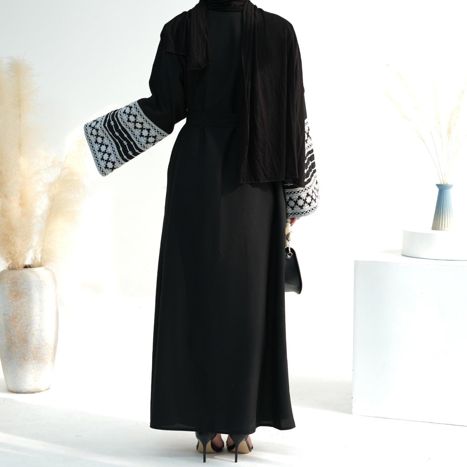 Nachtzwart Geborduurde Kimono Abaya Jurk