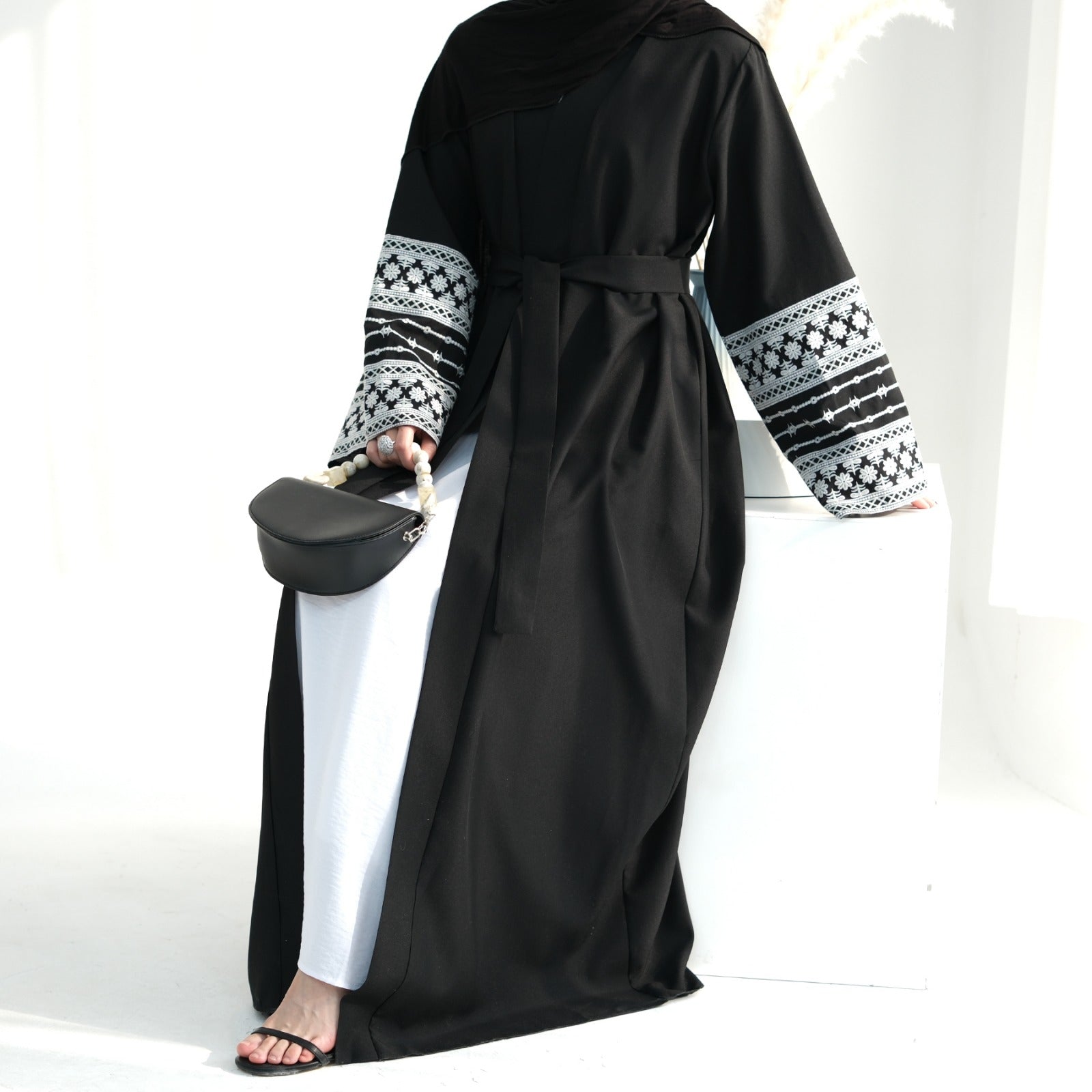 Nachtzwart Geborduurde Kimono Abaya Jurk