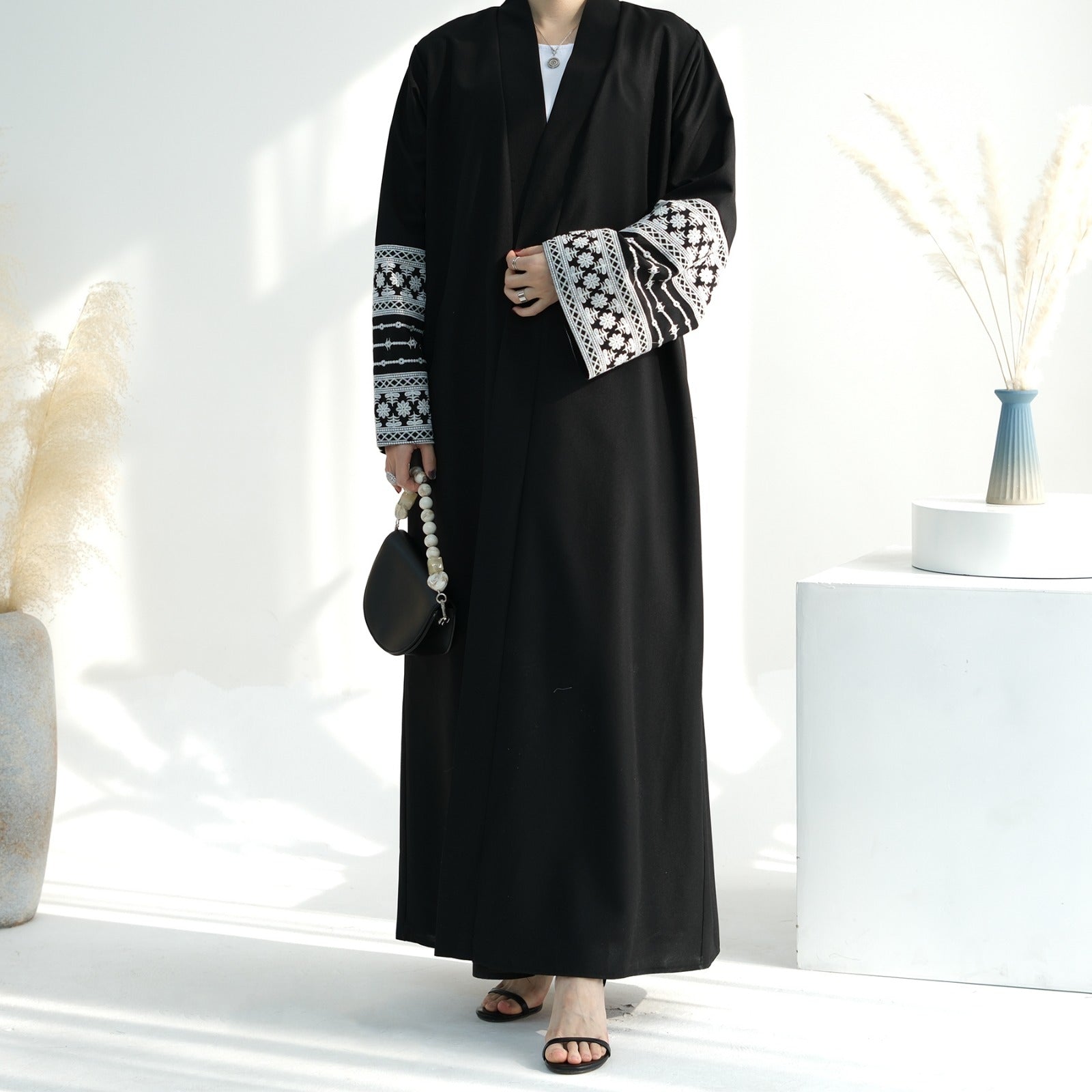 Nachtzwart Geborduurde Kimono Abaya Jurk
