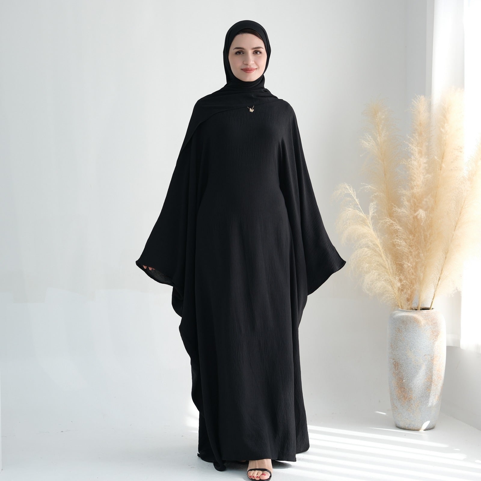 Nachtzwart Jazz Crêpe Vlinder Abaya Jurk