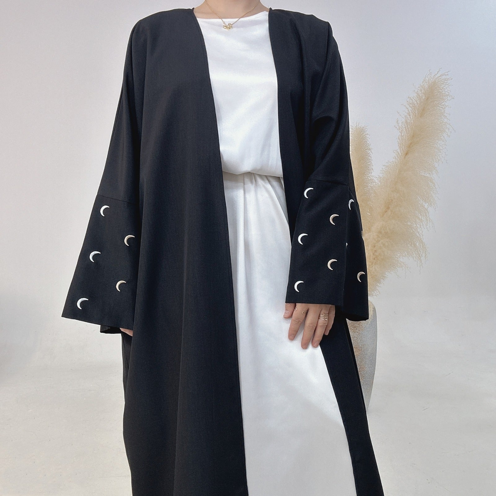 Nachtzwart Kimono Abaya Jurk met Maanborduur