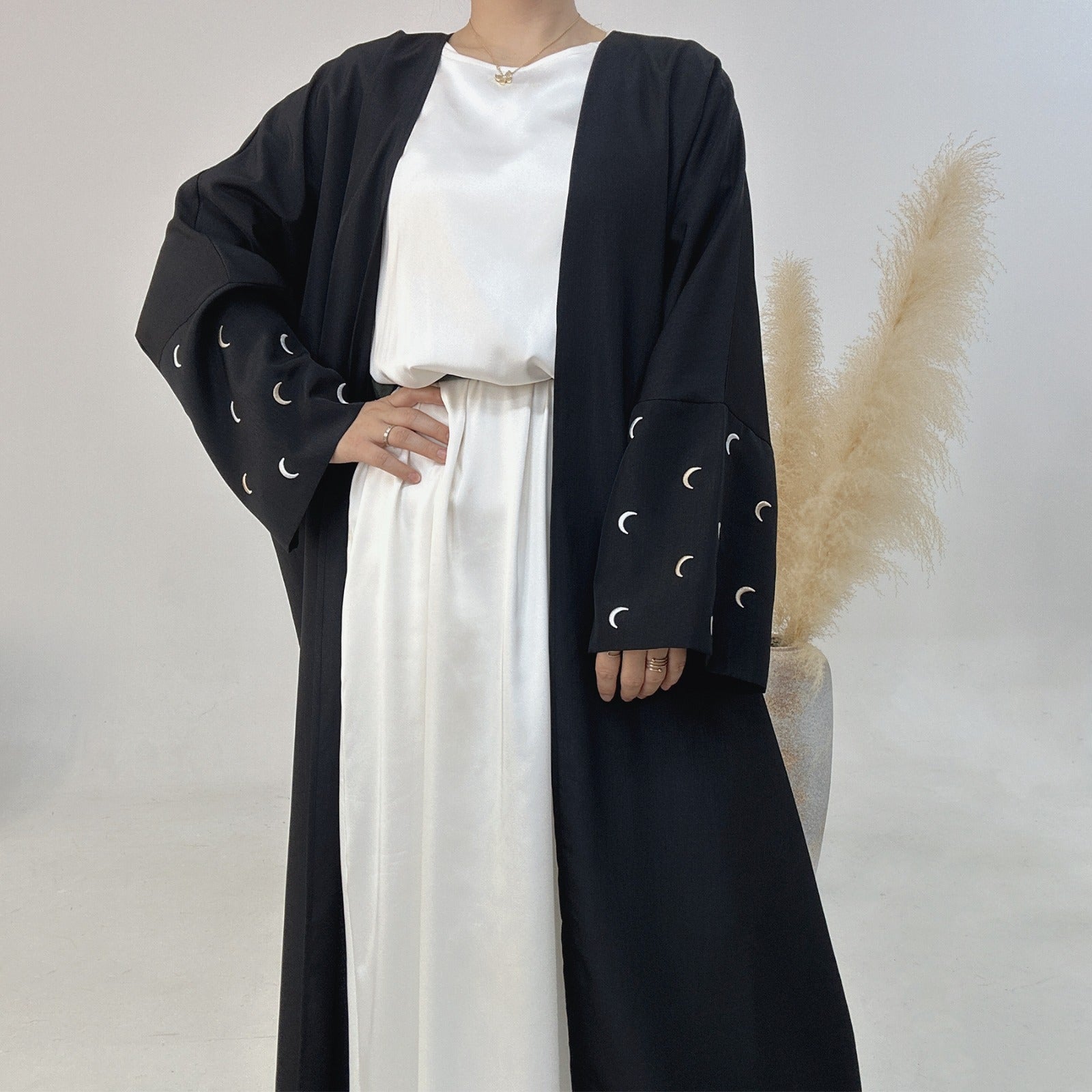 Nachtzwart Kimono Abaya Jurk met Maanborduur