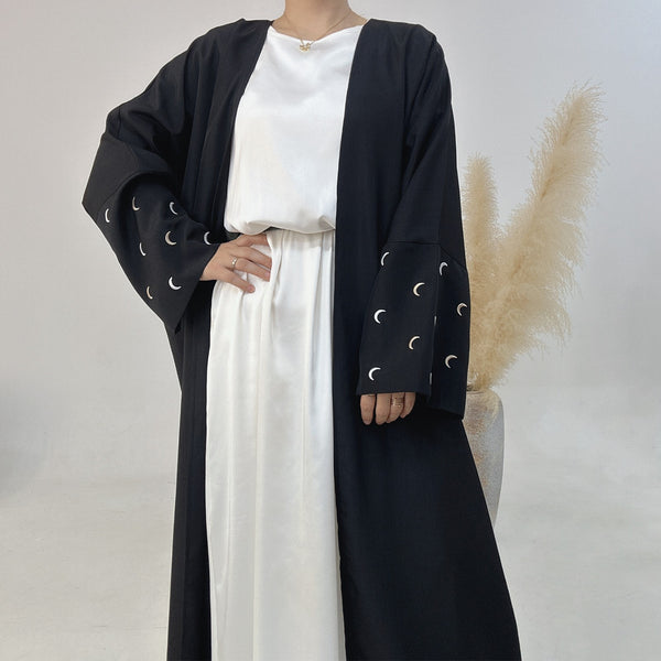 Nachtzwart Kimono Abaya Jurk met Maanborduur