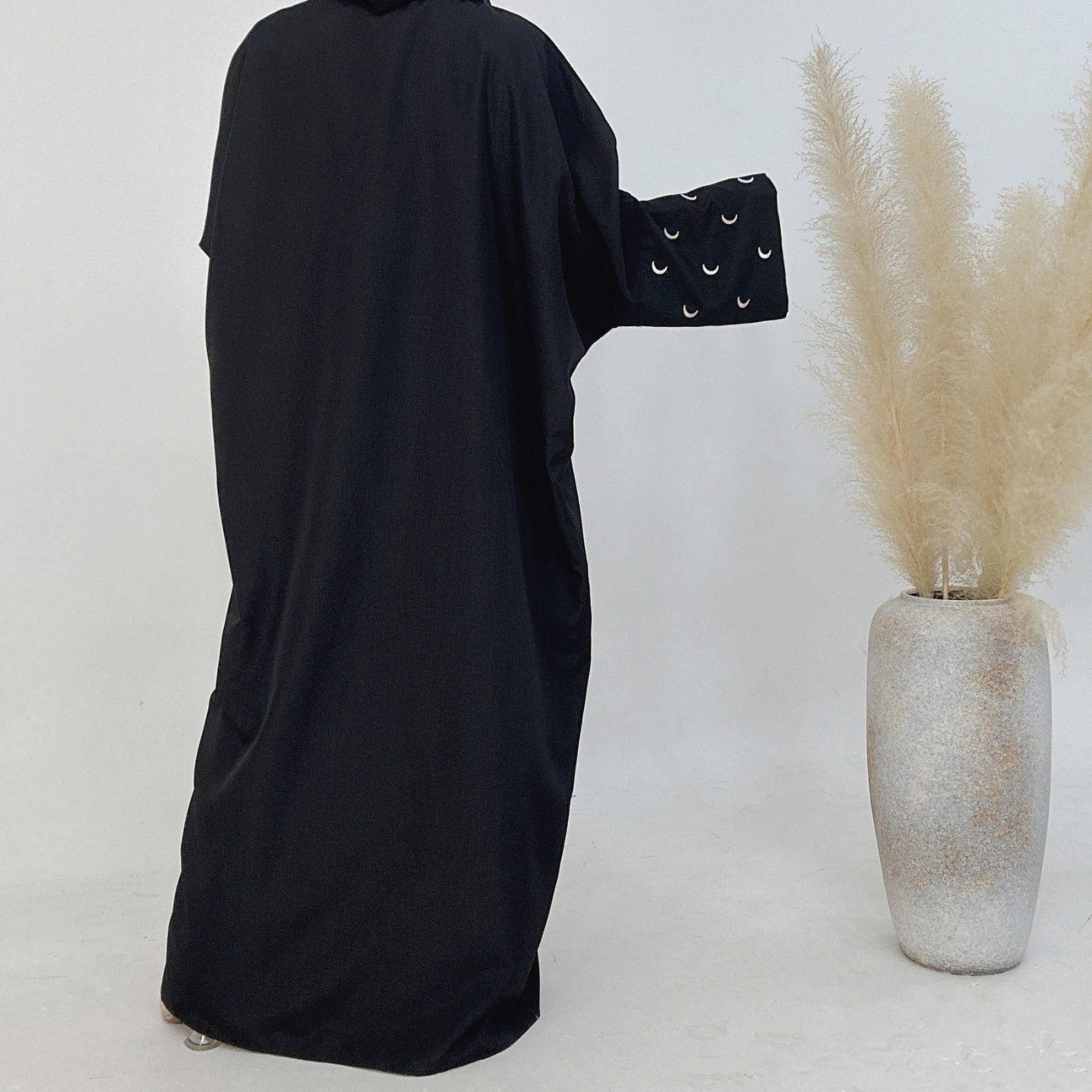 Nachtzwart Kimono Abaya Jurk met Maanborduur