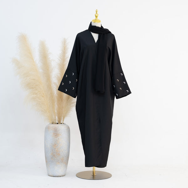 Nachtzwart Kimono Abaya Jurk met Maanborduur