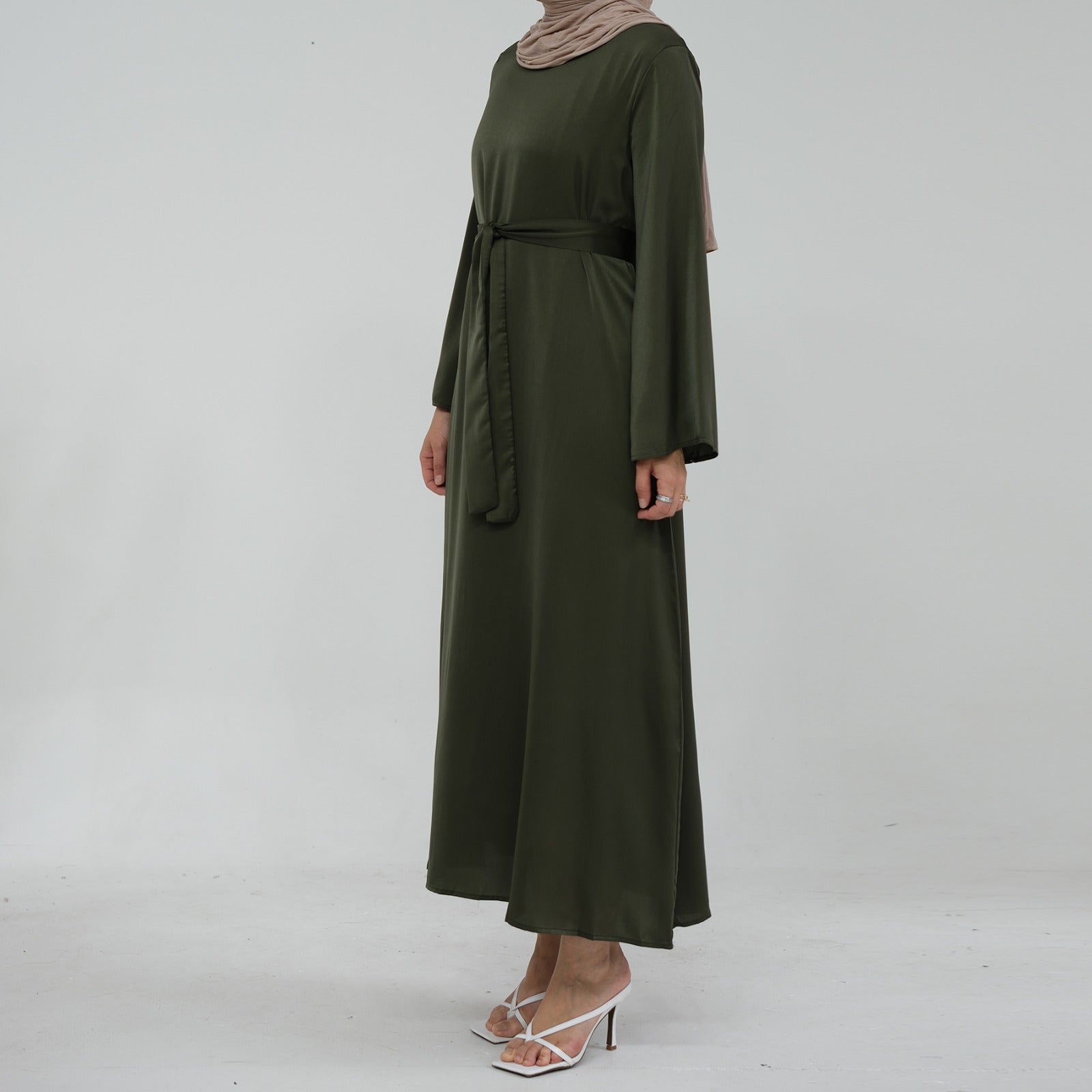 Olijfgroen Zijdezachte Satijn Abaya Jurk