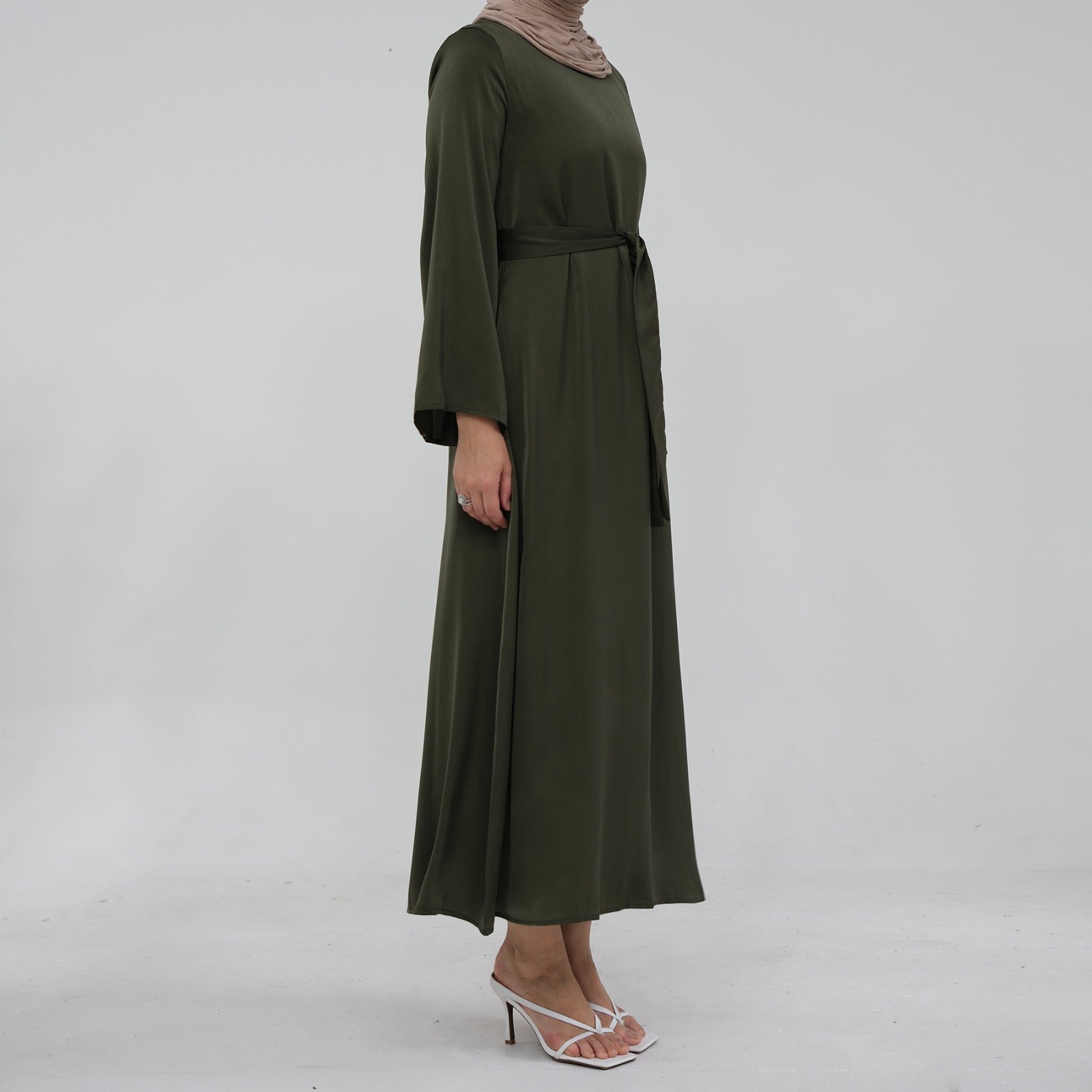 Olijfgroen Zijdezachte Satijn Abaya Jurk