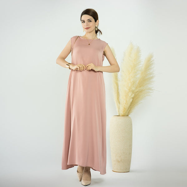 Poederroze Zijdezachte Satijn Mouwloze Jurk