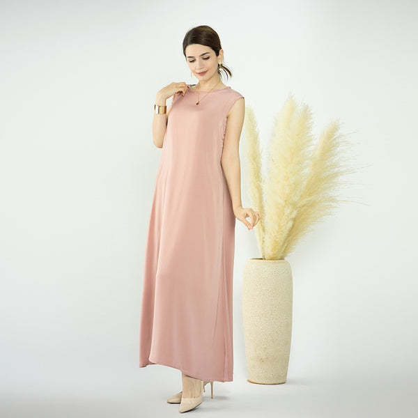 Poederroze Zijdezachte Satijn Mouwloze Jurk