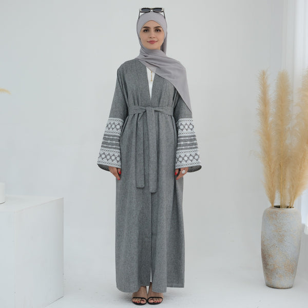 Stormgrijs Geborduurde Kimono Abaya Jurk