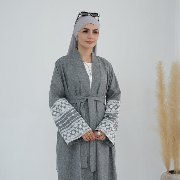 Stormgrijs Geborduurde Kimono Abaya Jurk