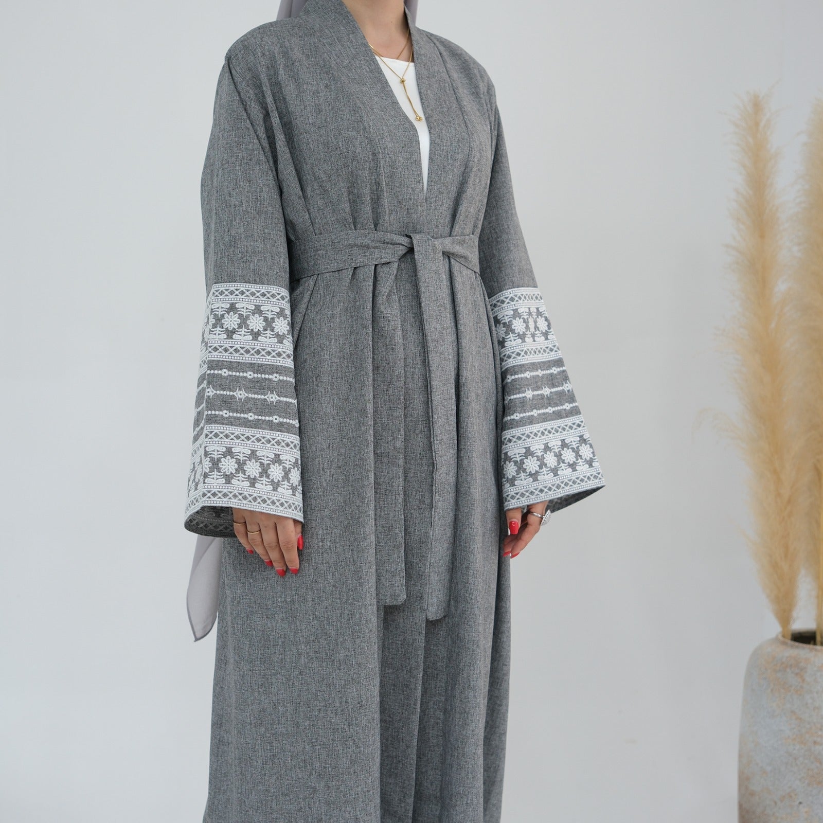 Stormgrijs Geborduurde Kimono Abaya Jurk