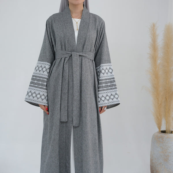 Stormgrijs Geborduurde Kimono Abaya Jurk