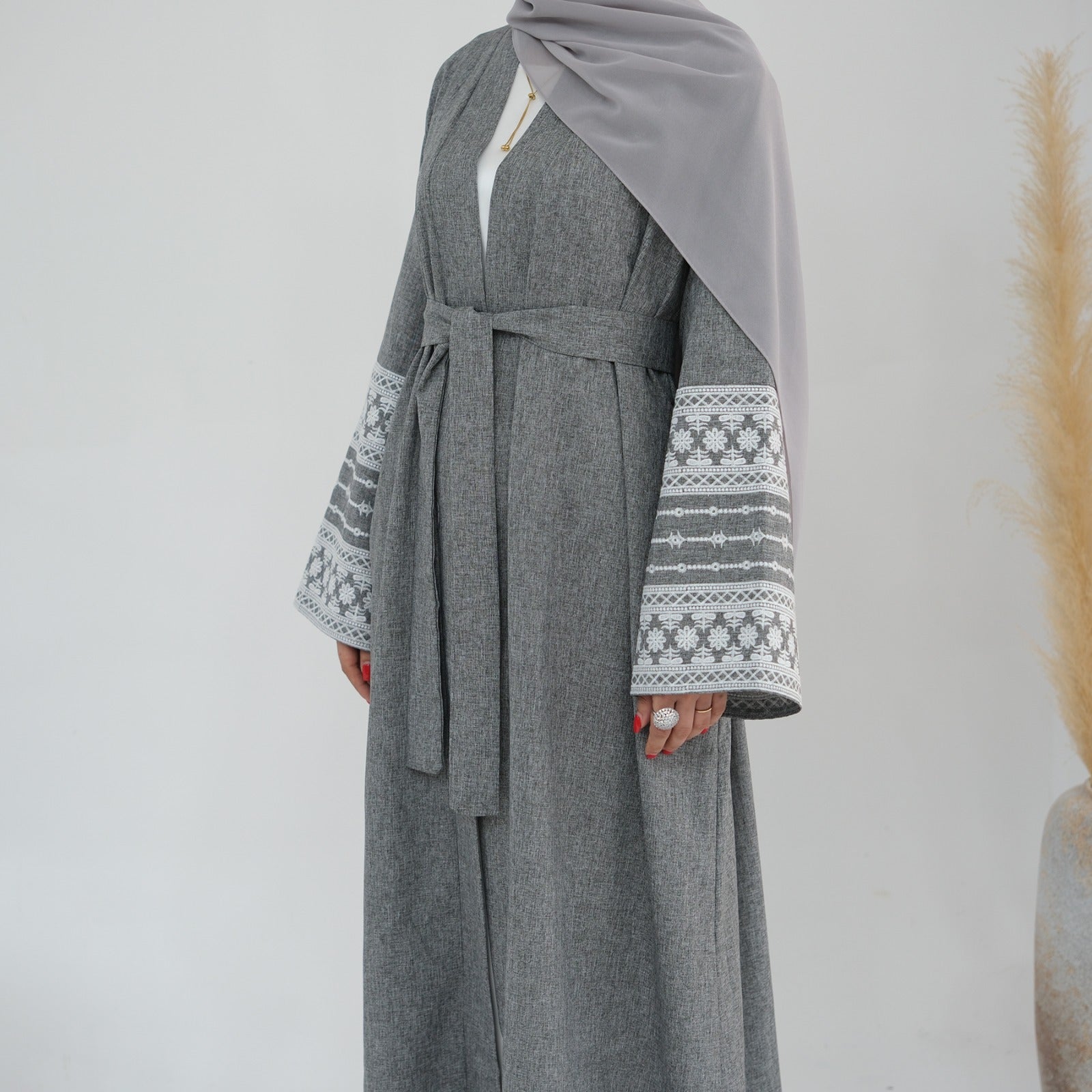 Stormgrijs Geborduurde Kimono Abaya Jurk