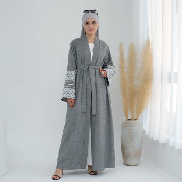 Stormgrijs Geborduurde Kimono Abaya Jurk