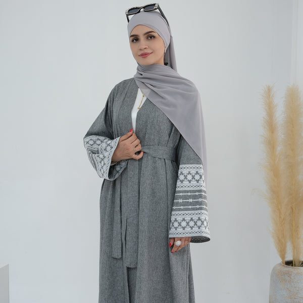 Stormgrijs Geborduurde Kimono Abaya Jurk