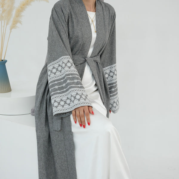 Stormgrijs Geborduurde Kimono Abaya Jurk