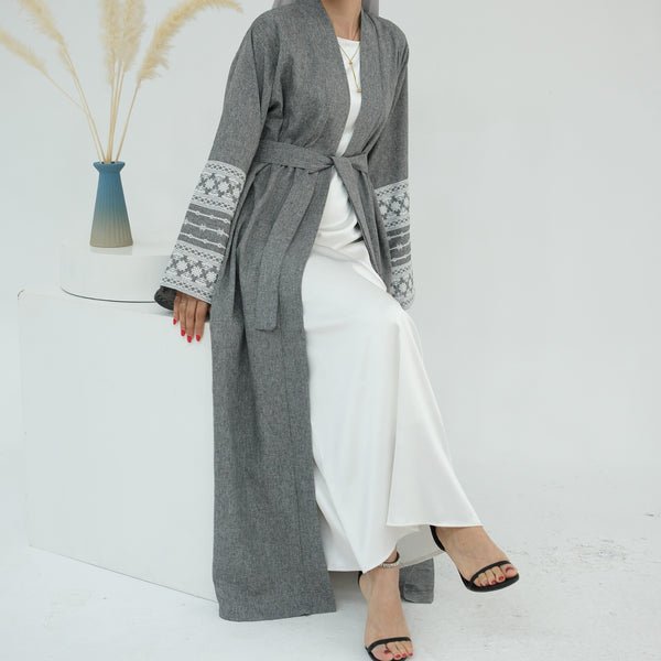 Stormgrijs Geborduurde Kimono Abaya Jurk