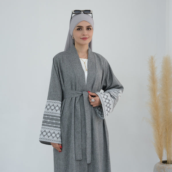 Stormgrijs Geborduurde Kimono Abaya Jurk