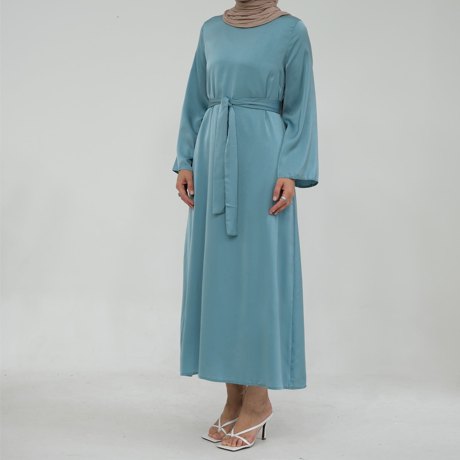 Zacht Turquoise Zijdezachte Satijn Abaya Jurk