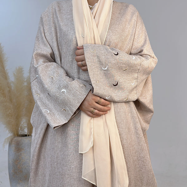 Zandbeige Kimono Abaya Jurk met Maanborduur