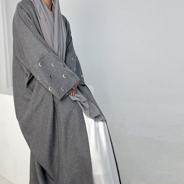 Stormgrijs Kimono Abaya Jurk met Maanborduur
