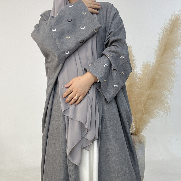 Stormgrijs Kimono Abaya Jurk met Maanborduur