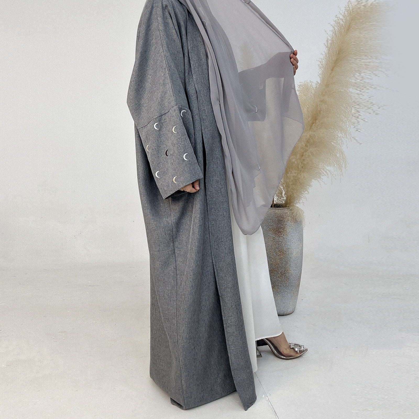 Stormgrijs Kimono Abaya Jurk met Maanborduur