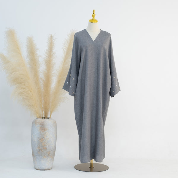 Stormgrijs Kimono Abaya Jurk met Maanborduur