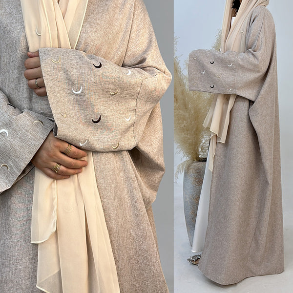 Zandbeige Kimono Abaya Jurk met Maanborduur
